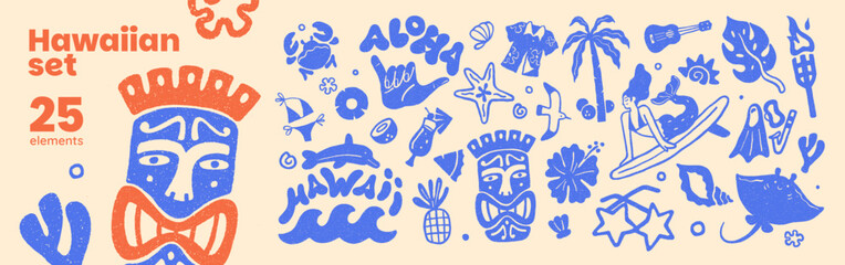 Hawaiian doodle set. Funny elements of tropical holidays in Hawaii. Items of summer vacations at sea resort. Icons of palms, surfing, african masks. Flat isolated hand drawn vector illustrations © Paper Trident