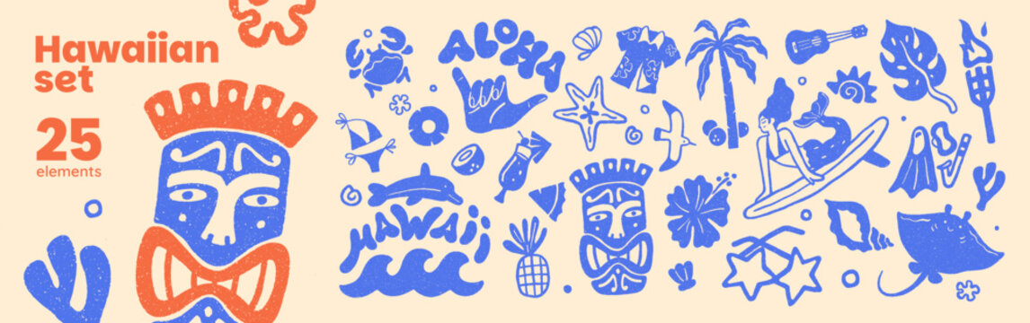 Hawaiian doodle set. Funny elements of tropical holidays in Hawaii. Items of summer vacations at sea resort. Icons of palms, surfing, african masks. Flat isolated hand drawn vector illustrations