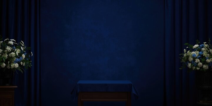 Order of service banner with respectful funeral theme and deep blue backdrop