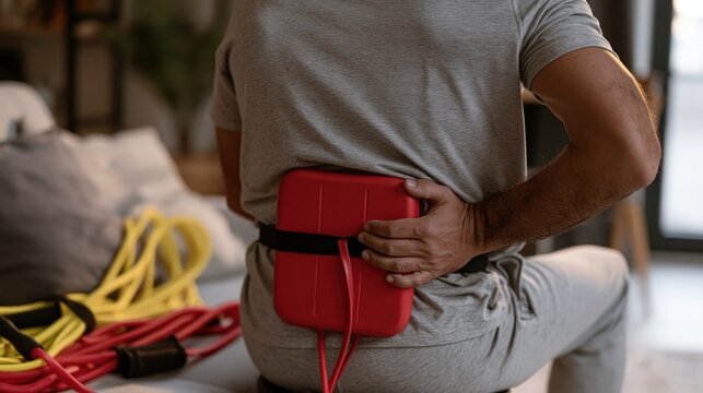 Adult Man Using Electric Heating Pad for Lower Back Pain Relief and Recovery
