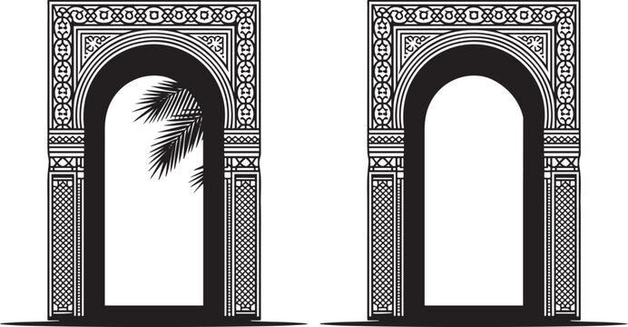 Traditional Islamic arch frame with ornate Moroccan portal and palm leaves