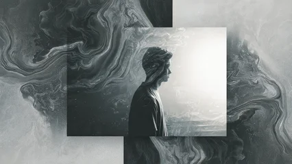 Black and white abstract portrait of a thoughtful man with liquid swirl texture overlay, representing mental health and inner thoughts © jinna