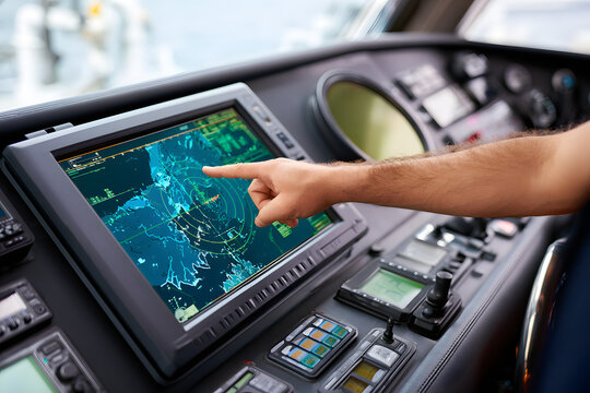 The captain pointed at the marine radar monitor screen or the GPS navigation map on the boat dashboard. In the wheelhouse or on the ship bridge, there are systems for controlling nautical vessels. It'