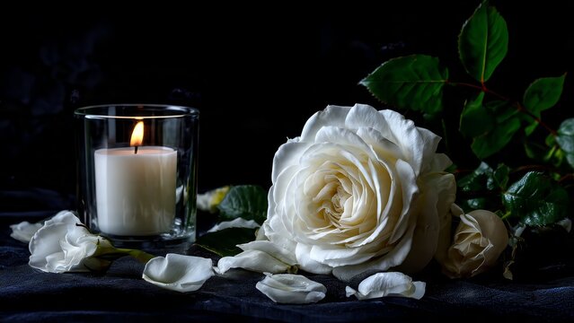 White rose and burning candle on dark background