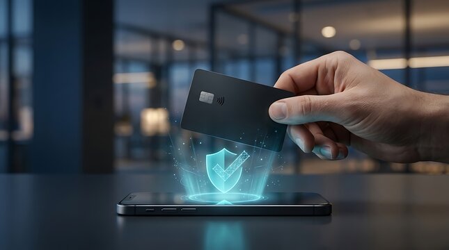Secure digital payment with contactless credit card and mobile phone showcasing a shield icon with checkmark for financial transaction safety.