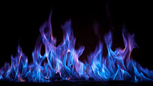 Vibrant Blue and Purple Flames Burning Against a Black Background