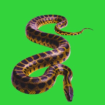 Yellow anaconda snake coiled on green screen background, realistic animation loop
