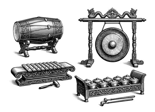 Traditional Javanese musical instruments including gamelan, vintage engraved illustration, cultural vector collection