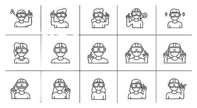 Diverse linear virtual reality users with varied hand gestures and expressions, illustrating interactive digital experiences for technology presentations, app interfaces and gaming concepts.