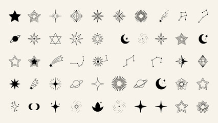 Celestial Symbol Icon Collection – Stars, Moons, Suns and Cosmic Decorative Elements © Karmina
