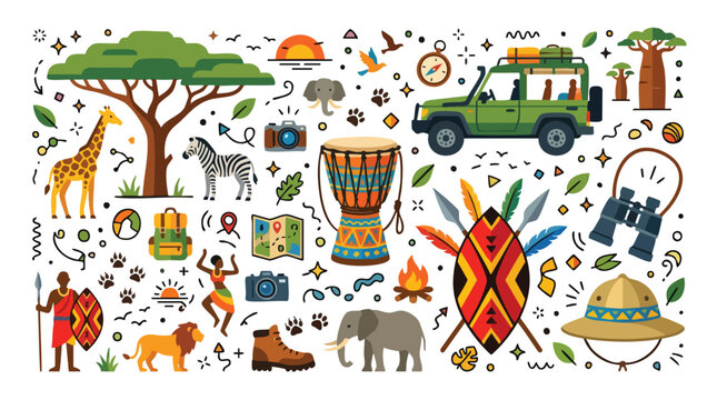 African Safari Adventure Elements Collection Vector Illustration.
