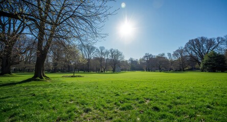 Obraz premium Sunny spring day in a vibrant green grassy park landscape