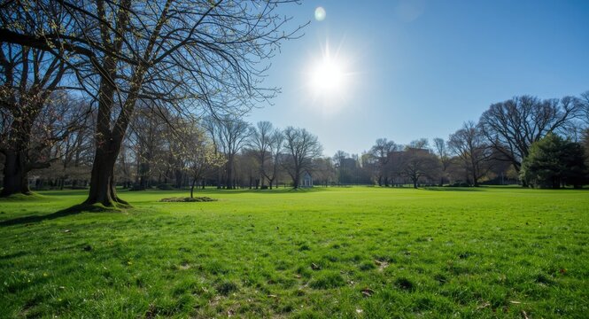 Sunny spring day in a vibrant green grassy park landscape