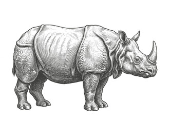 Fototapeta premium Rhinoceros with textured skin and powerful stance, vintage engraved illustration