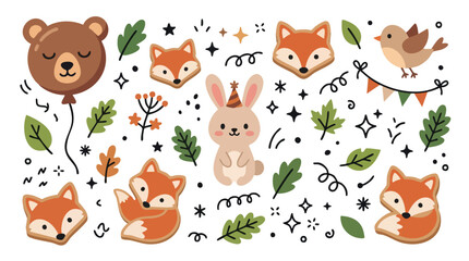 Obraz premium Adorable forest animal collection with bear fox rabbit and bird.