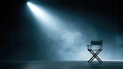 Obraz premium Empty Director Chair Under Dramatic Spotlight on Dark Theater Stage