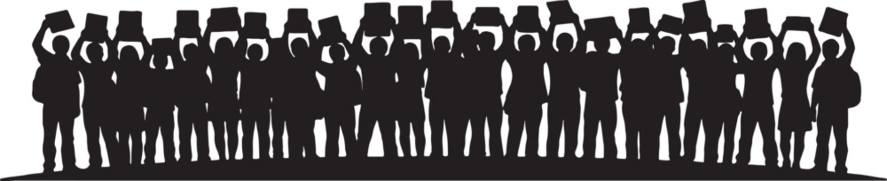 Wide crowd silhouette of people holding blank signs for protest or demonstration with silhouette demonstration placards activism activist protester movement uprising collective