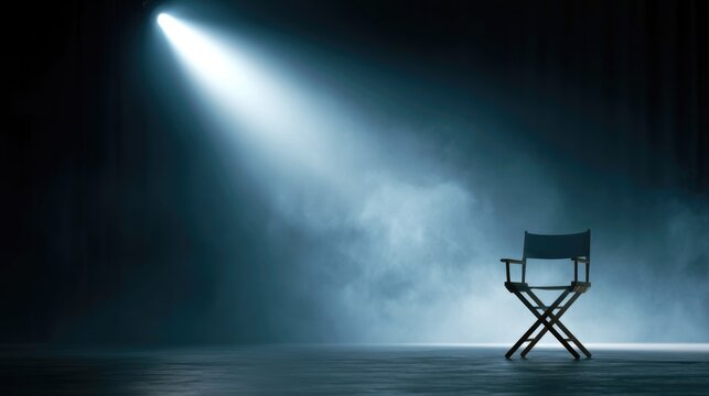 Empty Director Chair Under Dramatic Spotlight on Dark Theater Stage