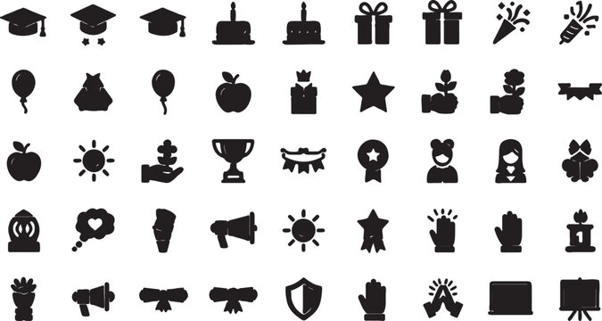 Icon set of celebratory and educational elements for schools and events with celebration education graduation balloons academic learning achievement graphics illustration elements