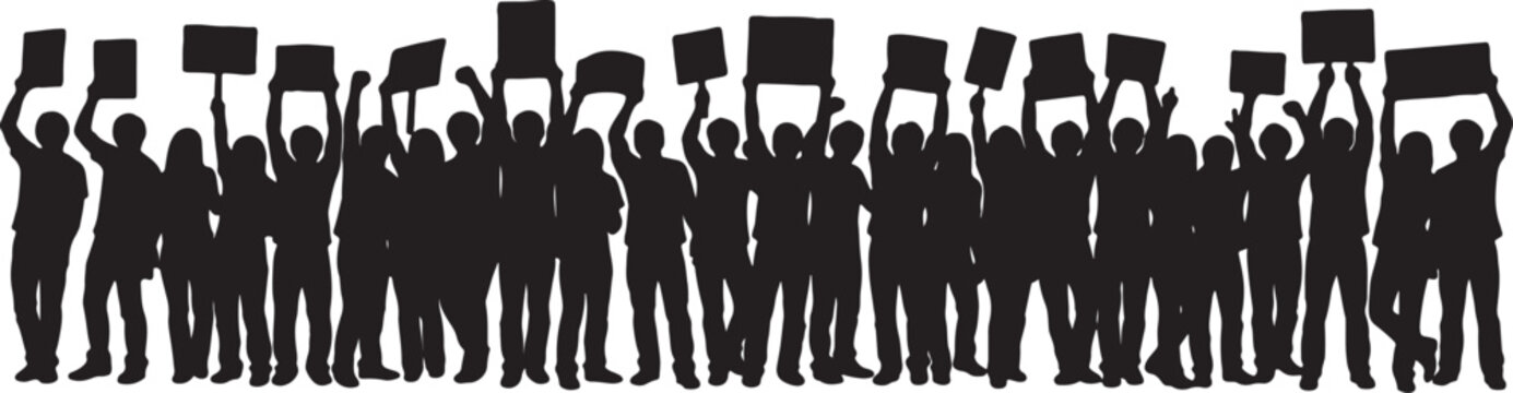 Large silhouette crowd of people standing and holding blank banners up with silhouette demonstration activists protesters gathering uprising activism community expression protestors