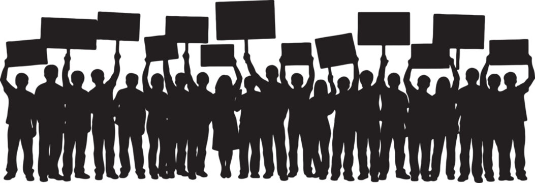 Silhouette group of protesting people holding blank placards and signs with silhouette demonstration activism placards activists protesters manifestation movement activist uprising