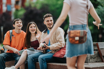 Obraz premium A group of university students sit on a bench smiling as they greet a friend approaching. The casually dressed friends chat and laugh together on an outdoor campus bench.