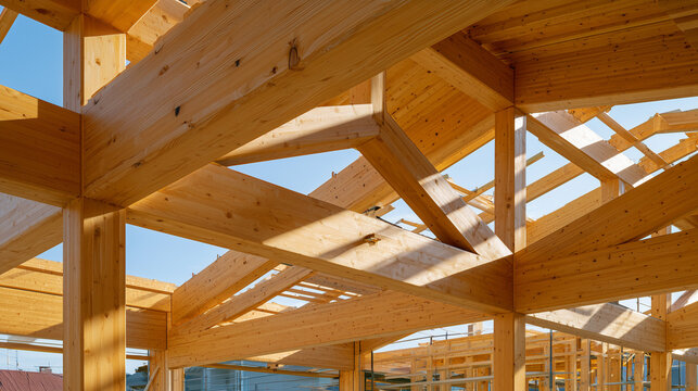 modern mass timber construction frame with engineered wooden beams in sustainable building project