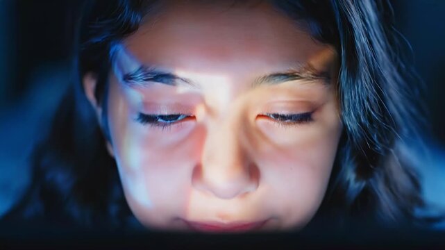 Teen girl watching screen close-up at night during online safety issue, cyberbullying risk, digital addiction, child anxiety, parental concern, and youth mental health awareness campaign footage