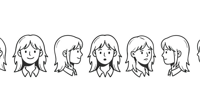 Anime girl character sheet with various expressions and angles.