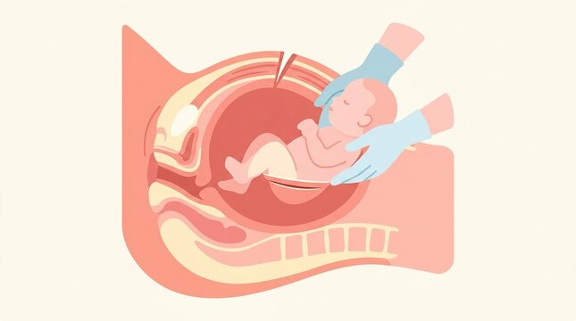 Illustration details the C-section process with hands assisting a baby during childbirth. The anatomy is shown clearly for educational purposes.