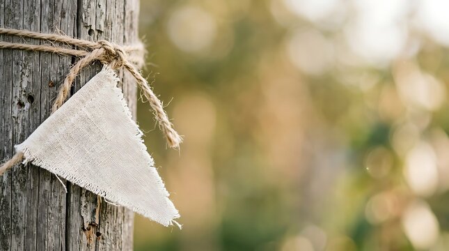 White linen bunting flag tied to a rustic wooden post