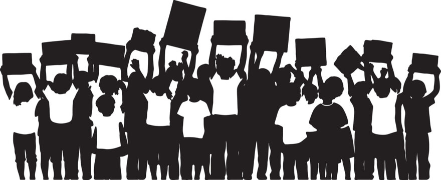 Large group of people silhouette holding up blank signs for messaging with silhouette activism demonstration advocacy gathering protesters placards community expression movement