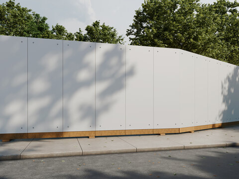 White Hoarding Board Mockup from Front View on Sidewalk 3D Render