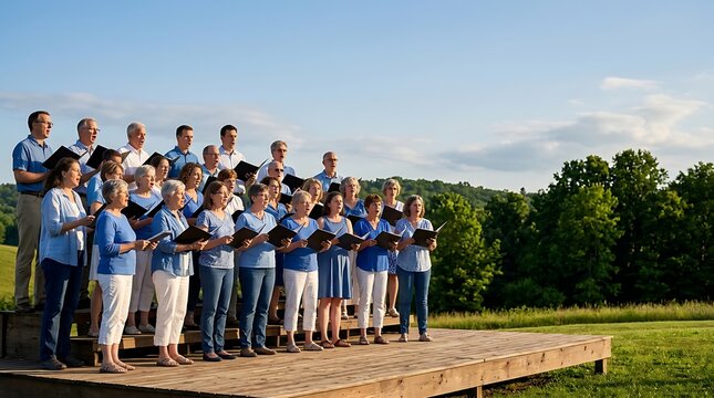 Large adult choir performing on an outdoor wooden stage at sunset