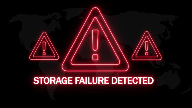 Storage failure detected alert warning. Cybersecurity defense and secure digital systems protection against cyberattacks. urgent threat notification. on Black Background and features 4k Animation