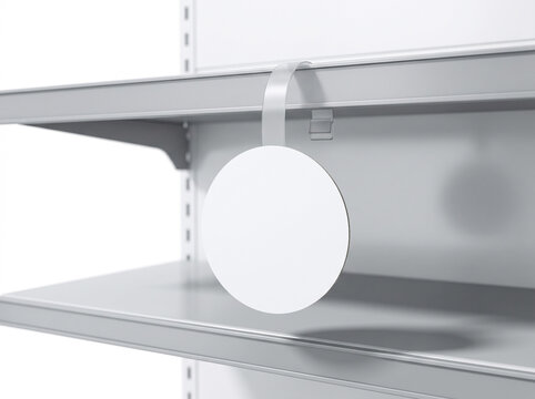 Empty Circular Shelf Wobbler Display Mockup on Metal Rail in Minimal Studio Setting