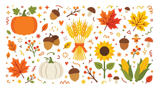 Autumn harvest elements set with pumpkins leaves wheat sunflowers and acorns.