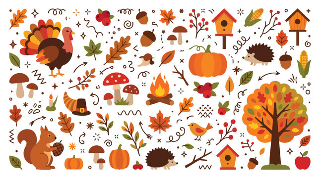 Autumn season elements set with turkey squirrel pumpkins and fall leaves.