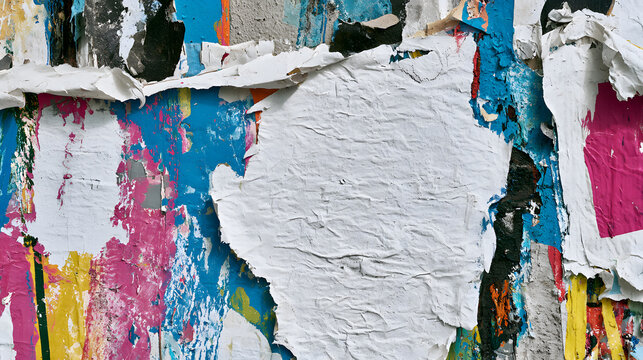 Old colorful posters were ripped, torn, crumpled, and paper abstract grunge texture wall backdrop, placard, surface, seamless loop collage urban street posters slideshow background