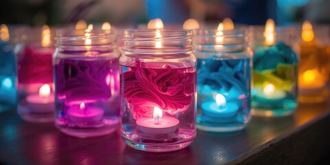 Obraz premium Vibrant floating candles placed in transparent glass jars for joyful events
