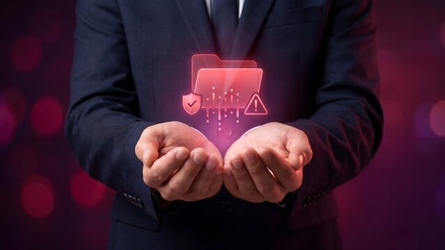 Businessman holding glowing red folder icon with shield, warning and data leak symbols representing file data breach, confidential information loss and cyber security threat concept