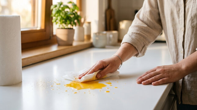 Cleaning spilled drink from kitchen countertop with paper towel, hands wipe orange liquid, bright sunlight illuminates home kitchen, perfect for daily life cleaning tips and product promotions.