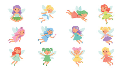 Cute magical fairy characters collection with colorful dresses and wings. Flying pixie girls, magic wand, tiara, colorful hair, flat vector illustration.