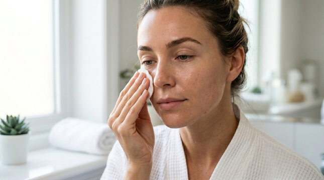Woman cleaning face with micellar water in modern bathroom, applying cotton pad gently to remove makeup for refreshing skin care routine. Daily life skincare concept featuring micellar water.