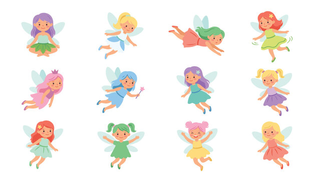 Cute magical fairy characters collection with colorful dresses and wings. Flying pixie girls, magic wand, tiara, colorful hair, flat vector illustration.