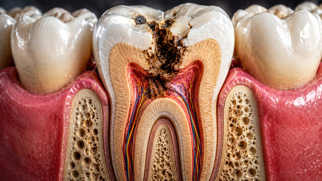 Cross section of cracked human tooth showing dental caries decay with exposed pulp chamber and root canal anatomy