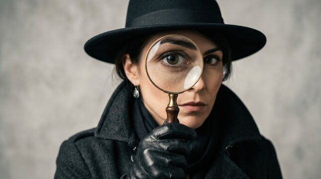 Female detective wearing a classic fedora hat and trench coat looking through a magnifying glass with detective