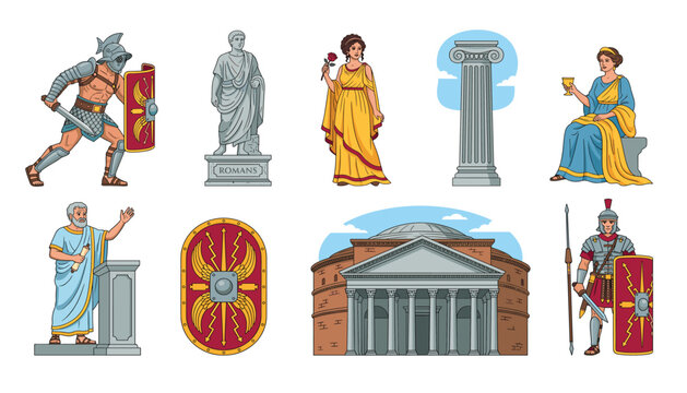 Ancient Roman empire culture and history elements collection. Gladiator, soldier, shield, pantheon temple, statue, column, philosopher, flat vector illustration.