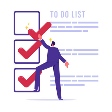 Complete to do list concept, accomplish project plan or finish tasks in schedule help achieve business goal and objective done, businessman tick finished working project task checkbox on todo list
