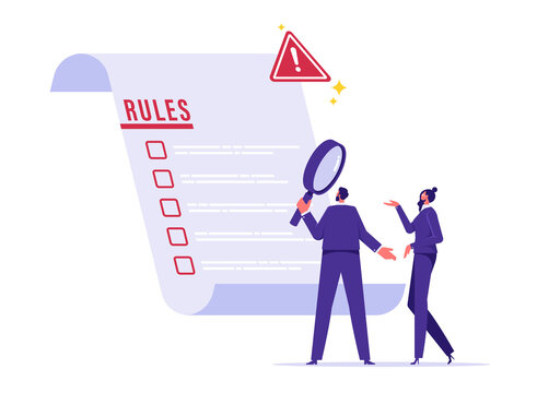 Concept of rules and regulations, corporate law and business ethics, company policy, business people reading checklist of rules and regulation standards